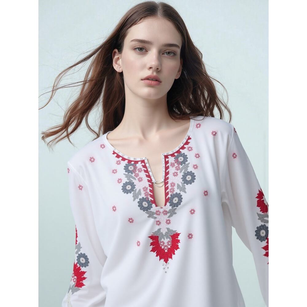 Women’s White Embroidered Bell Sleeve Slit Front Top Small - Picture 2 of 10